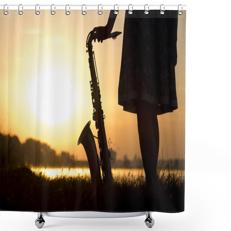 Personality  Silhouette Of A Woman In A Dress On A Background Of A Beautiful Sun Set And The Sky Saxophone On The Grass And Enjoy The View Shower Curtains