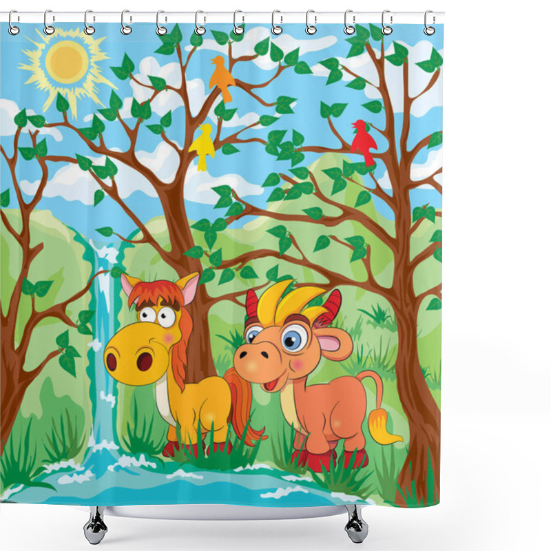 Personality  Funny Horse And Cow In The Valley. Vector Illustration Shower Curtains