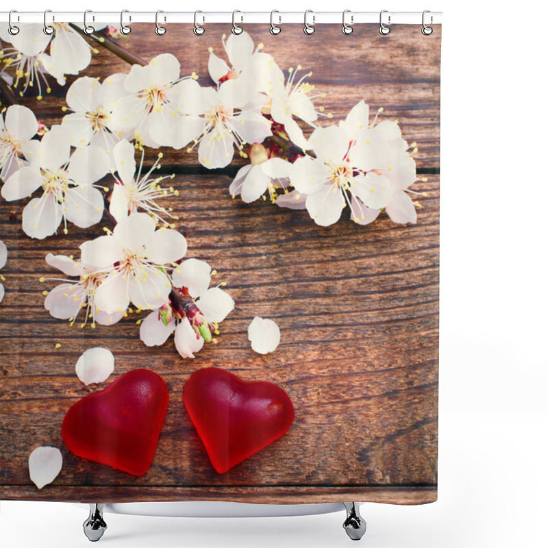 Personality  Flowering Branch With White Delicate Flowers On Wooden Surface. Shower Curtains