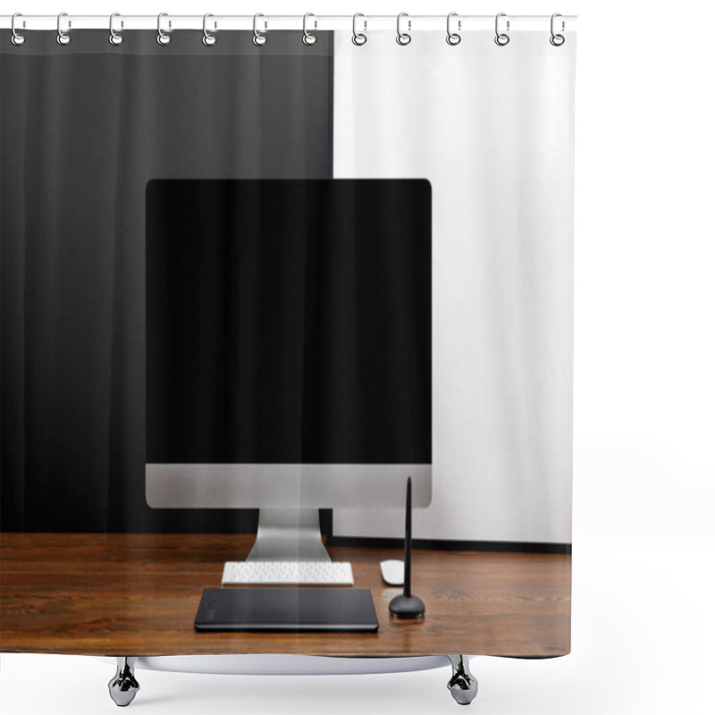 Personality  Close Up View Of Designer Workplace With Blank Computer Screen And Graphic Tablet On Wooden Tabletop Shower Curtains