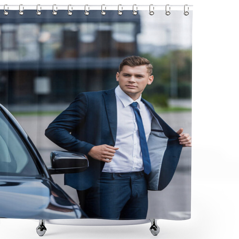 Personality  Young Businessman Taking Off Blazer Near Car On Blurred Foreground Shower Curtains