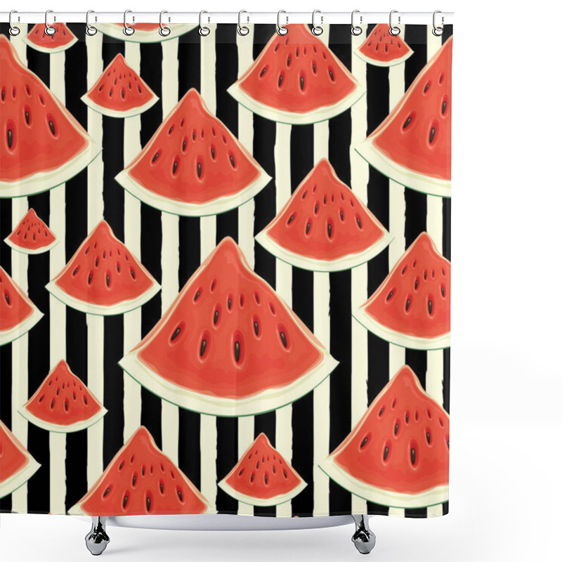 Personality  Fruit Seamless Pattern With Appetizing Watermelon Slices On A Black White Striped Backdrop. Vector Background With The Red Sweet Watermelon. Wallpaper, Wrapping Paper, Textile, Fabric, Summer Design Shower Curtains