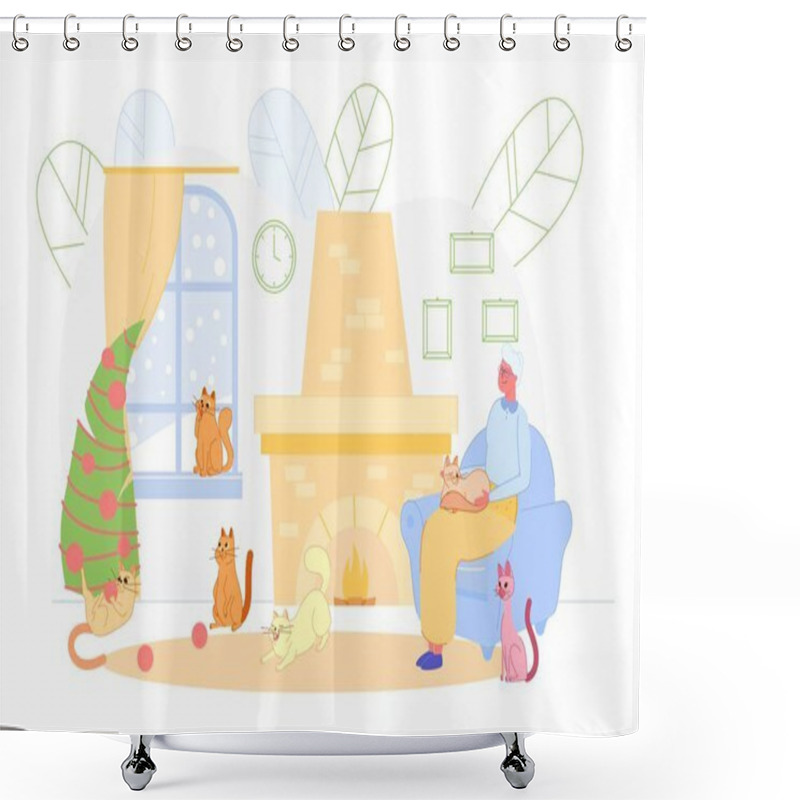 Personality  Flat Lonely Woman Sitting On Armchair With Cats. Shower Curtains