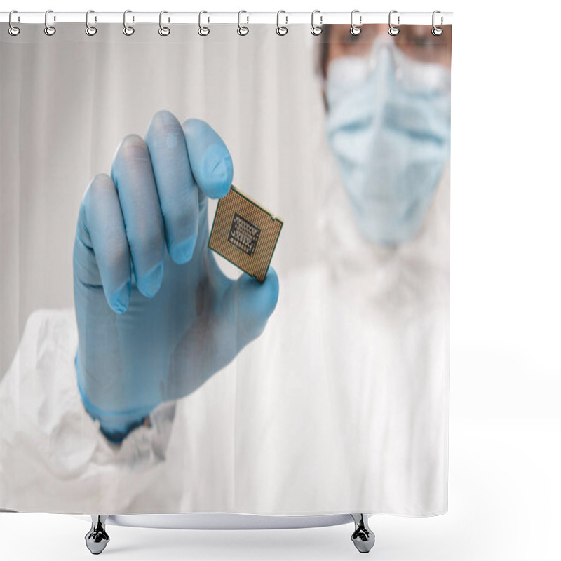 Personality  Selective Focus Of Microchip In Hand Of Scientist Wearing Latex Glove On Grey Background Shower Curtains