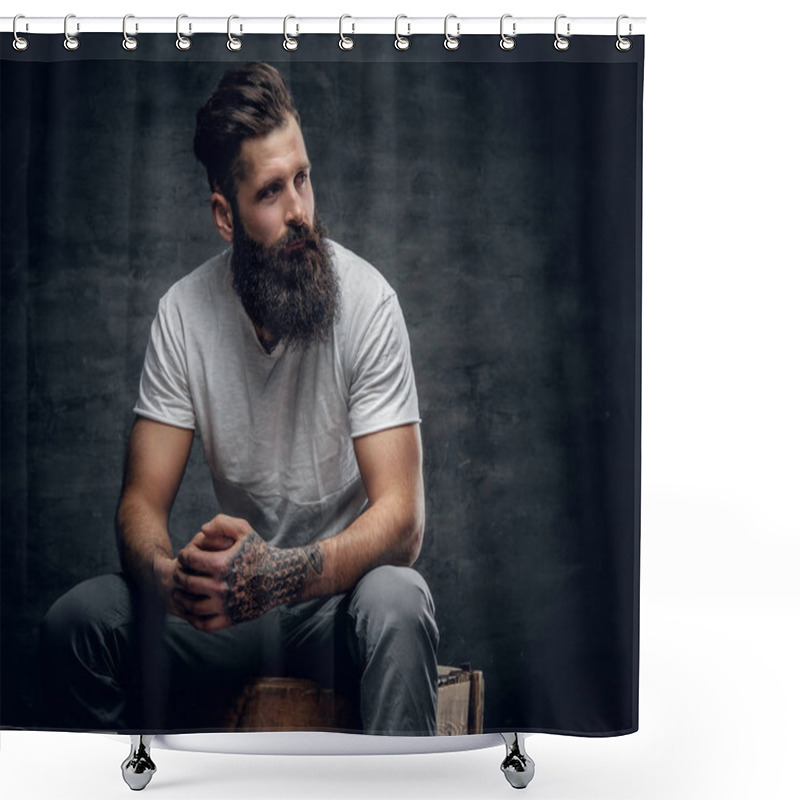 Personality  Bearded Brutal Man With Tattoo On Arm Shower Curtains