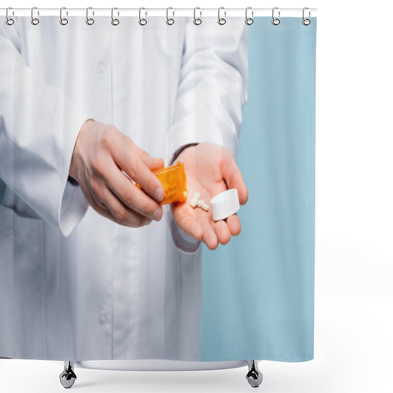 Personality  Cropped View Of Doctor In White Coat Holding Pills And Bottle In Hands Isolated On Blue Shower Curtains