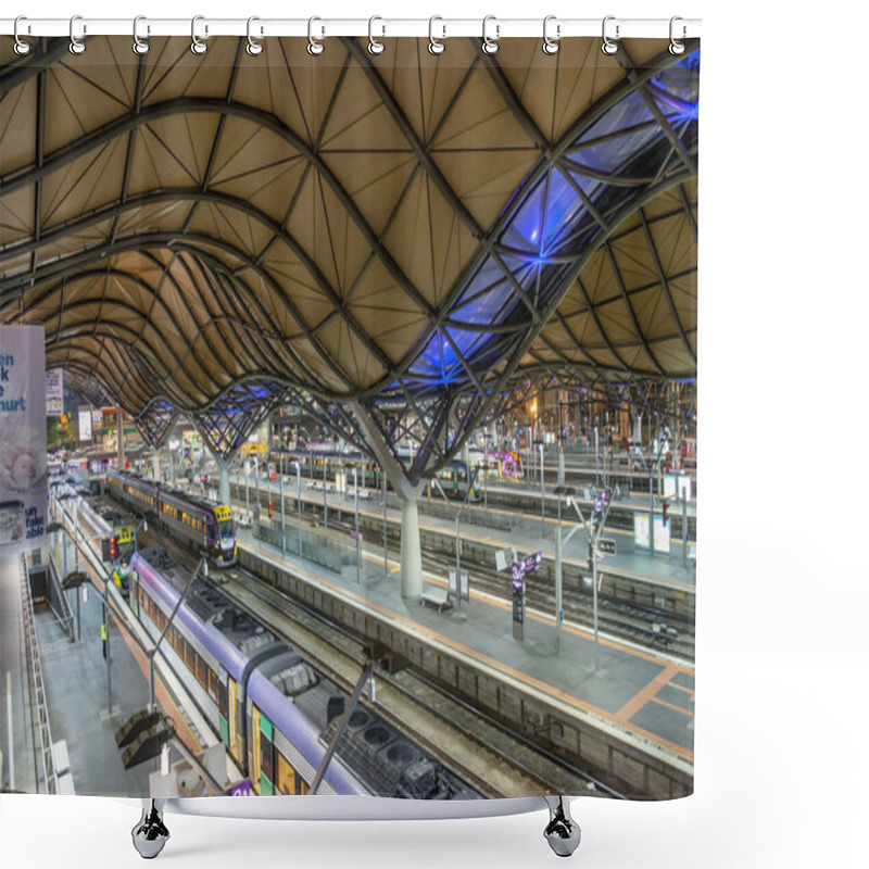 Personality  MELBOURNE, AUSTRALIA - NOVEMBER 2015: Southern Cross Central Train Station Interior At Night. Shower Curtains