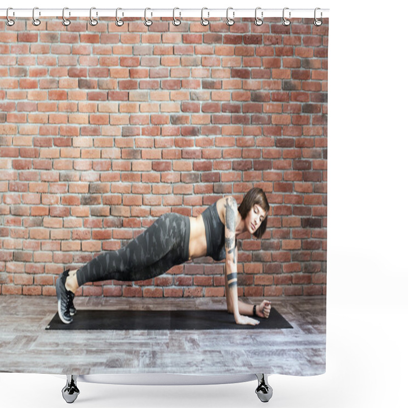 Personality  Tattooed Female Doing Exercises Indoors, Sporty Woman Practicing Yoga Shower Curtains