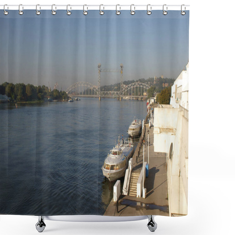 Personality  View Of The Don River, The River Station And The Railway Lift Bridge In Rostov-on-Don Shower Curtains