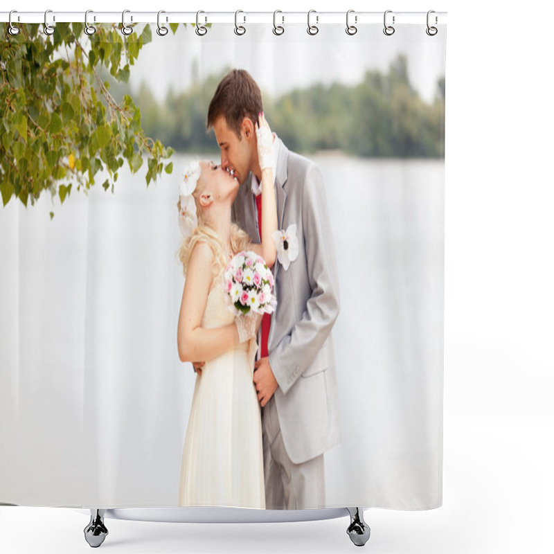 Personality  Just Married Couple Kissing Passionately On Riverbank Shower Curtains