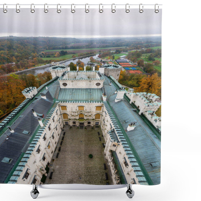 Personality  Aerial View Of Hluboka Castle In The Czech Republic, Highlighting The Roof And Surrounding Area. This Stunning Landmark Is A Masterpiece Of Neo-gothic Architecture In South Bohemia Shower Curtains