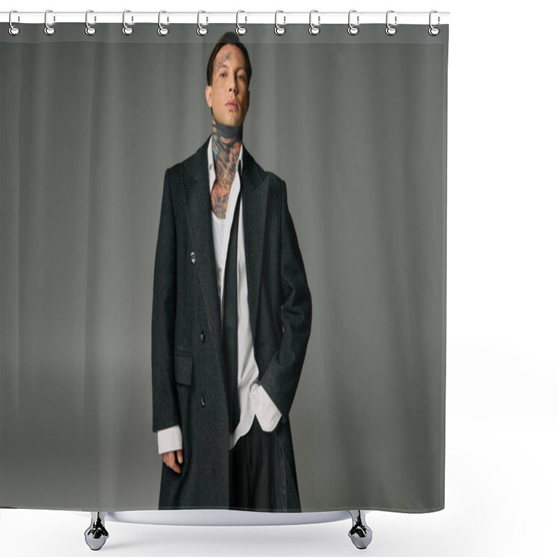 Personality  A Confident Young Man Showcases A Modern Fashion Look With Tattoos In A Sleek Studio. Shower Curtains